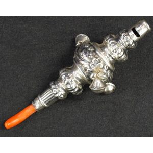 Continental silver and coral baby rattle/whistle stamped 800,…