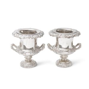 A pair of Victorian Sheffield plate campana form wine coolers,…