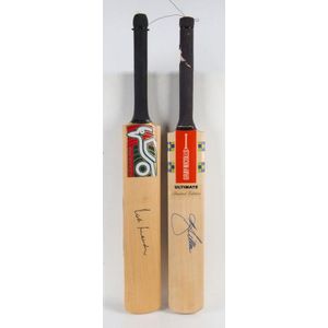 Caught Marsh, Bowled Lillee: two full-sized cricket bats, one…