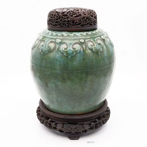 Green Glazed Chinese Stoneware Jar with Hardwood Stand and Cover ...