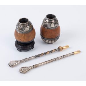 Two Argentinian mate straws with gourd beakers, silver with…