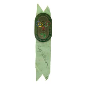 1956 Melbourne Olympics press badge. Bronze with dark green…