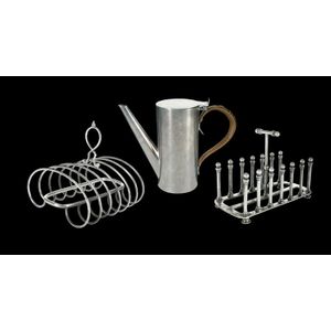 Arts & Crafts coffee pot, & 2 toast racks. Cylindrical coffee…