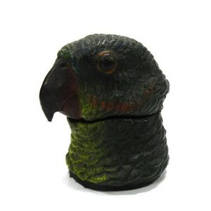 A 19th century Austrian green parrot head inkwell, cold painted…