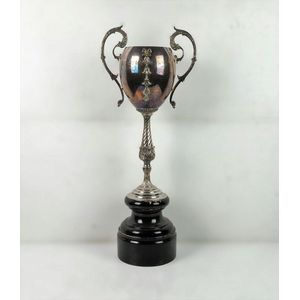 Tall vintage silver plated trophy with serpent form handles and…