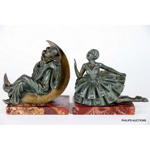 A pair of Art Deco Pierrot and Columbine bookends, circa 1920s,…