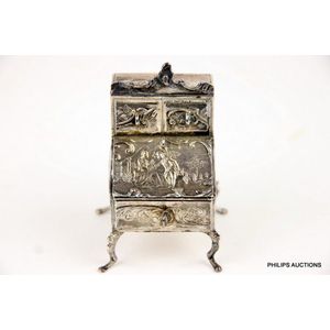 A sterling silver miniature rococo style desk cabinet, 1896…