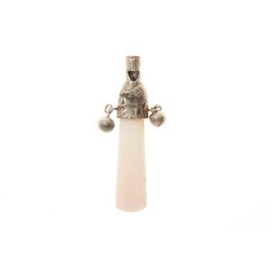 An antique childs rattle, mother of pearl handle with sterling…
