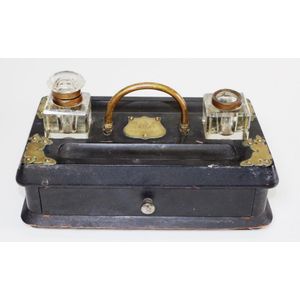 Victorian ebonised wood & brass desk set wood standish with 2…