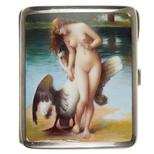An enamel cigarette case, the curved rectangular design, the…