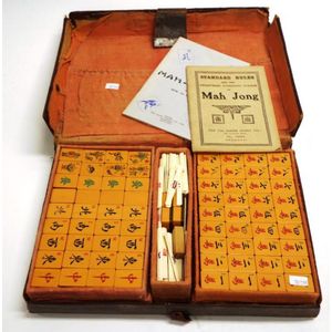 Lot - Antique c. 1920 Chinese Bovine Bone & Bamboo Dovetailed Mahjong Set  w/ Wooden 5 Drawer Case