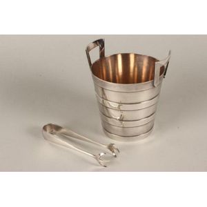 Contemporary silver plate ice bucket and tongs, in the form of…