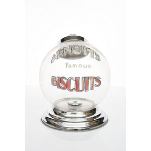 Arnotts biscuit barrel, 20th century, the glass barrel with…