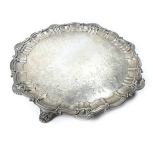 Circular Victorian sterling silver salver, ornately detailed…