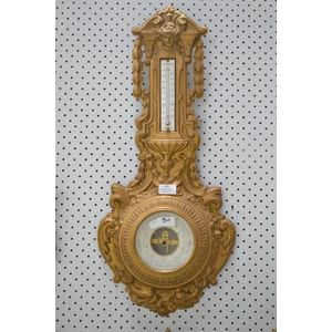 Antique French gilt tin barometer, stamped Cartels Brevetes…