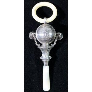 An unusual Edwardian sterling silver child's rattle with mother…