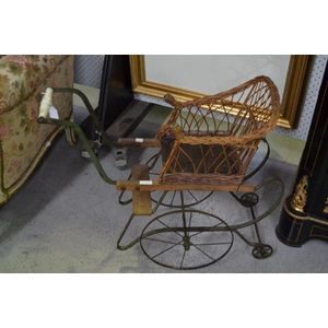 Antique French 19th century childs pram, cart, with wicker and…