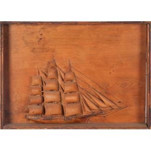 A pine relief carved diorama of a clipper ship in full sail,…