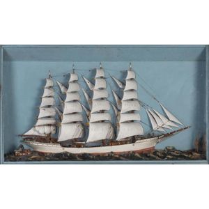A framed nautical diorama with a masted ship, 19th century, 42…