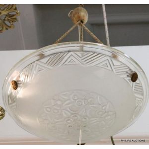 An Art Deco glass light fitting, c1930, the circular partly…