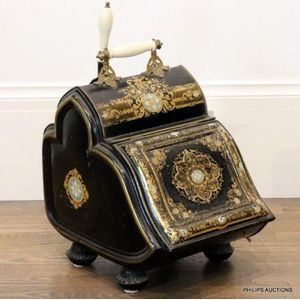 A late Victorian coal scuttle, c1890 with hinged door, transfer…