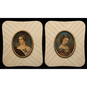 A pair Italian hand-painted miniature portraits in piano ivory…