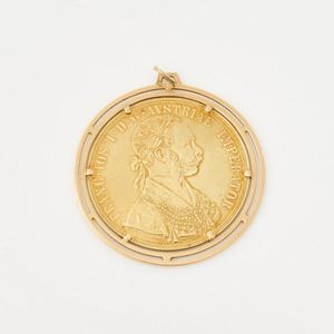 1915, 4 Ducat Austrian coin, in 9ct yellow gold frame. Diameter…