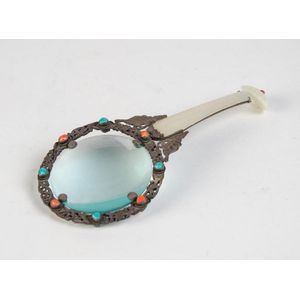 A Chinese silver magnifying glass set with turquoise, coral and…