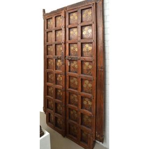 A pair of Indian brass inlaid wooden doors, each door…