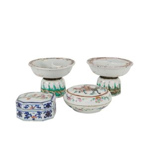 Two Chinese porcelain pedestal sauce dishes, an ink box similar,…