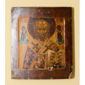 A Russian painted wood icon of a Saint Nicholas, 19th century,…