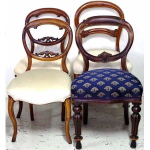 Pair of high back dining chairs with maroon fleur de lys upholstery