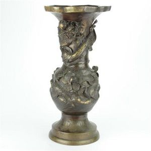 Japanese Bronze Lotus Vase with Dragon and Water Birds - Bronze - Oriental