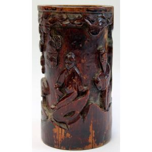 Vintage Chinese double pot and brush holder popular hand carved with birds