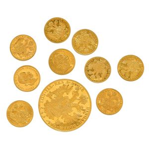 A collection of Austrian Ducat gold coins, comprising nine one…