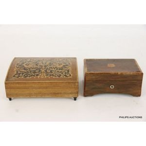 Two wooden music boxes including three Airs Swiss cylinder,…