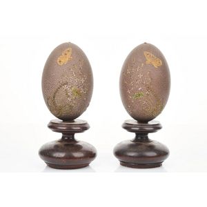 A Pair of Vintage Wood and Pastic Egg Cups, Hand Painted, Single Egg Cups,  Floral Motif, Wooden Base 