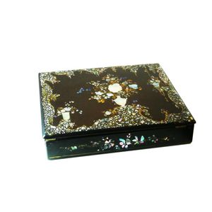 A Victorian writing slope made in papier mache and abalone…