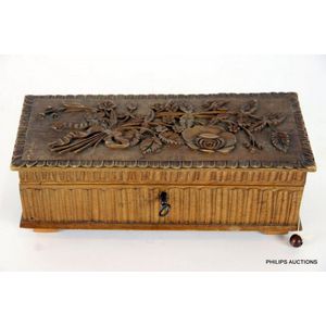 A small Swiss carved wood music box by Thorens, circa 1940s,…