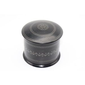 Victorian papier mache box, round lidded box with silver inlays,…