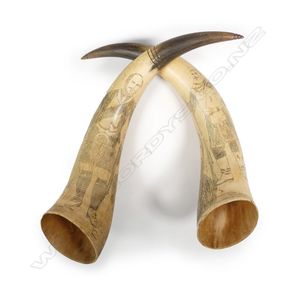 A pair of scrimshaw bullock horns, the horns decorated with…