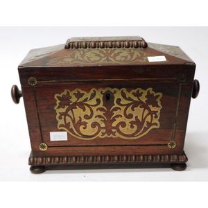 Victorian rosewood sarcophagus tea caddy with brass inlay, twin…