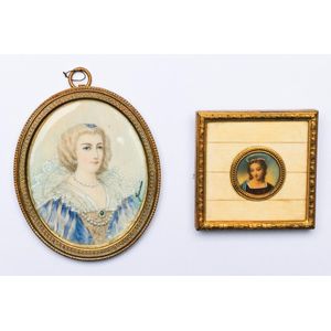 Hand painted miniatures on ivory, one signed 'Jasmine', length…