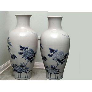 A Pair of Early 20th Century Japanese Blue and White Hawk and Peony Vases