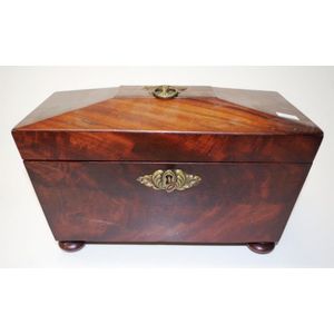 Early Sarcophagus form tea caddy decorative brass handle to lid,…