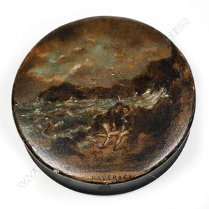 A Georgian papier mache snuff box, round form, the lid painted…
