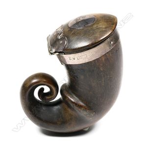 A Victorian Scottish horn snuff mull, the mull with silver rim,…
