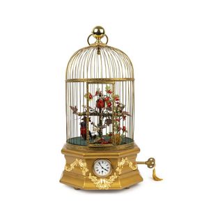 French singing birdcage timepiece with two birds, 19th century,…