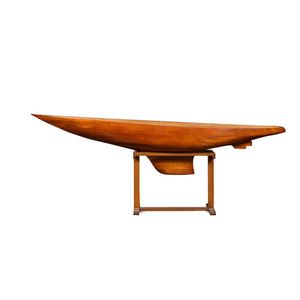 A laminated pine scale model of sailing boat hull on stand, 69.…