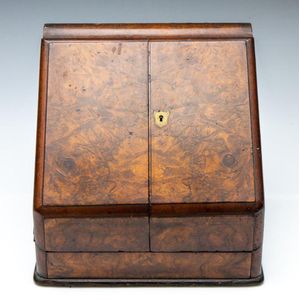 An antique burr walnut fitted veneer desk tidy, height 31.5 cm,…